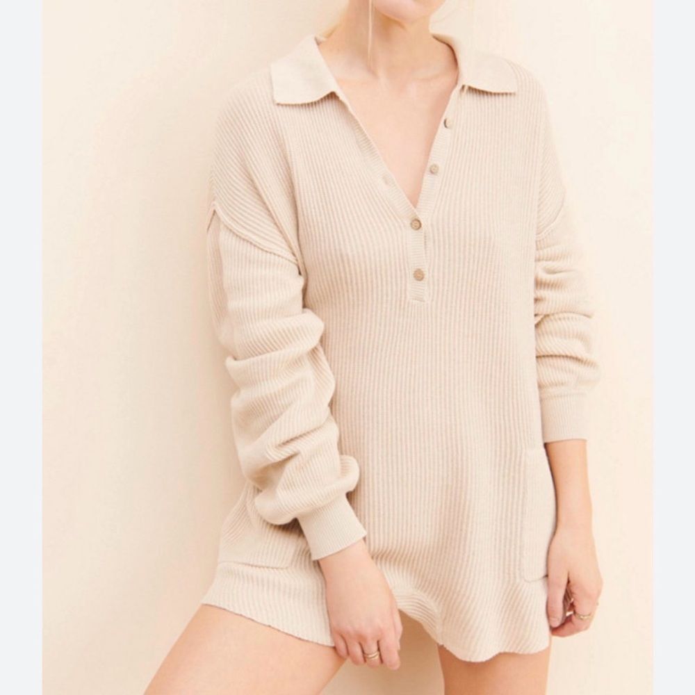 Free People Beach Picnic White Knit Collared Pullover Tunic Sweater Size Small
